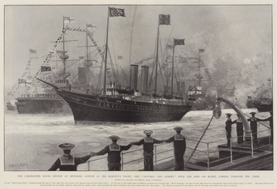 The Coronation Naval Review na Spithead, 16. srpna, jachta Jeho Veličenstva, Victoria a Albert, s králem na palubě, proplouvající liniemi od Charles John de Lacy