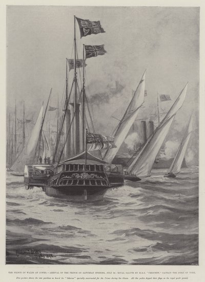 Princ z Walesu v Cowes, příjezd prince v sobotu večer, 30. července, královský pozdrav od HMS Crescent, kapitána vévody z Yorku od Charles John de Lacy