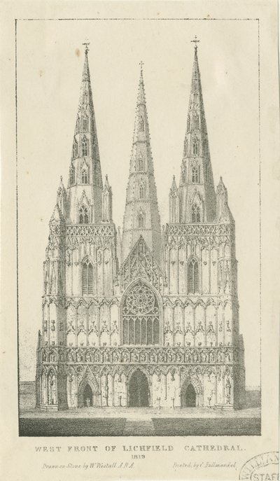 Katedrála Lichfield - západní fronta: rytina od Charles Joseph Hullmandel