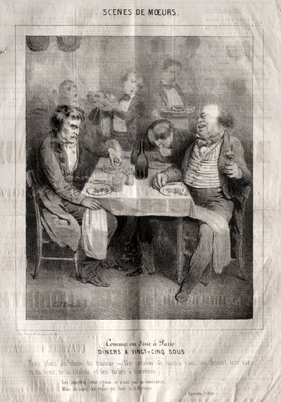 Scény chování: Like or dine in Paris. Diners za dvacet pět sous. Tři jídla dle výběru dodavatele... od Charles Joseph Traviès de Villers