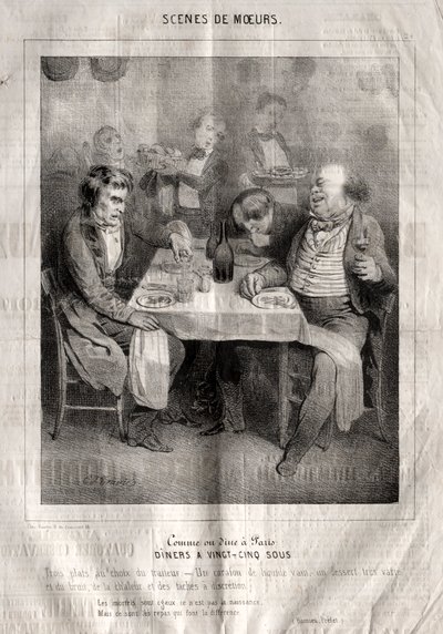 Scény chování: Like or dine in Paris. Diners za dvacet pět sous. Tři talíře vybrané dodavatelem od Charles Joseph Traviès de Villers