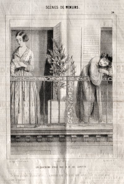 Scény chování: Rue N. D. de Lorette ve čtvrtém patře. Myslím, že čte můj dopis...pokud to není další. U vrátného měla devět od Charles Joseph Traviès de Villers