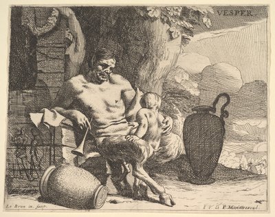Večer: sedící satyr sevře své dítě, na molu za ním postava zavěsí girlandu, f..., ca. 1640. od Charles Le Brun