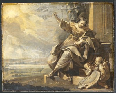 Německy: Sedící ženská postava se dvěma putti a říční krajina, grisaille Alegorická ženská postava se dvěma putti od Charles Le Brun