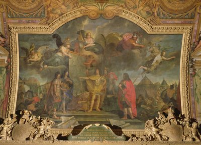 Král Ludvík XIV. (1638-1715) dává rozkaz k současnému útoku na čtyři nejsilnější holandské pozice v roce 1672, Stropní malba z Galerie des Glaces od Charles Le Brun