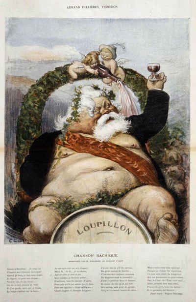 Armand Fallières, vinař: karikatura Fallières en Bacchus (Bacco) - v "" le Laughter "" z října 1906 od Charles Leandre