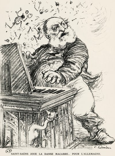 Karikatura Charlese Camille Saint-Saense, francouzského skladatele, klavíristy a varhaníka od Charles Leandre