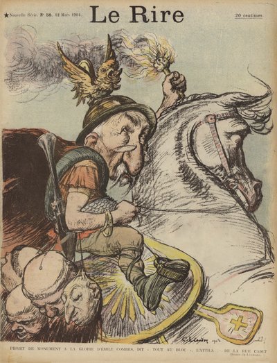 Karikatura francouzského premiéra Emile Combes jako Attila Hun. Ilustrace pro Le Rire od Charles Leandre