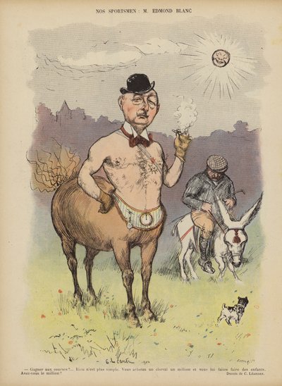 Edmond Blanc, francouzský majitel a chovatel dostihových koní. Ilustrace pro Le Rire od Charles Leandre