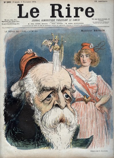 Eugene Henri Brisson (1835-1912), francouzský právník, novinář a politik - Marianne zvedne z Bressonovy hlavy červenou čepici a zdá se, že z její hlavy povstane bohyně Athéna se všemi atributy - karikatura Charlese Leandra (1862-1934) v „“ Le Rire“““ z od Charles Leandre