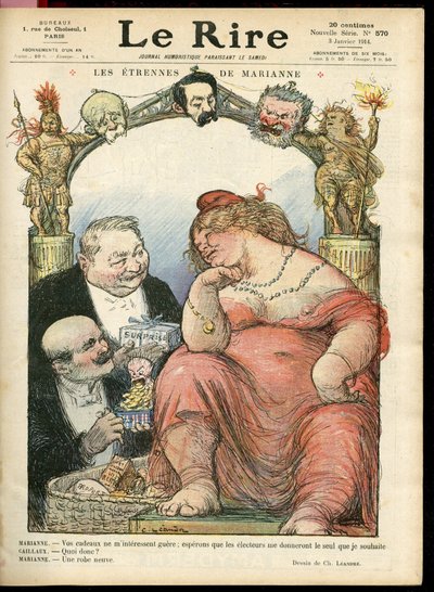 Ilustrace Charlese Leandra (1862-1934) pro obálku Le Rire, 3.1.14 - Les strennes de Marianne - Tribun - Clemenceau George, Jaures Jean, Briand Aristide, Marianne, Caillaux Joseph (1863-1944) od Charles Leandre
