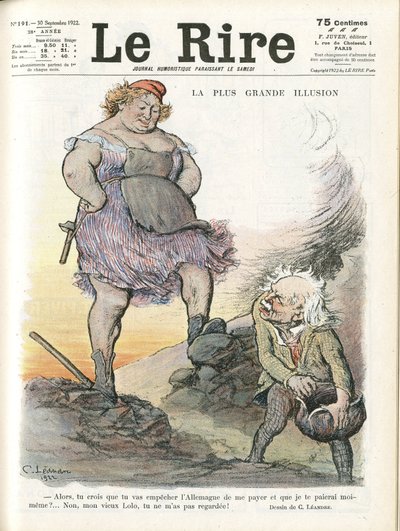Ilustrace Charlese Leandra (1862-1934) pro obálku Le Rire, 30/09/22 - Největší iluze - Německo Prusko, Anglie Velká Británie, Reparace - Marianne, David Lloyd George (1863-1945) - Trivialita od Charles Leandre