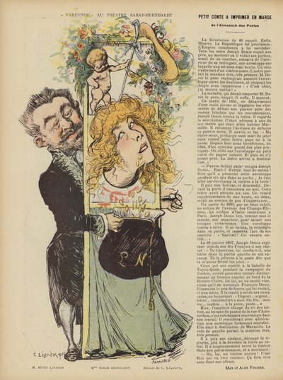 Produkce hry Henriho Lavetanse Varennes v divadle Sarah Bernhardt. Ilustrace pro Le Rire od Charles Leandre