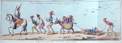 Francouzští dobrovolníci pochodující na dobytí Velké Británie, lept James Gillray (1757-1815), vydaný Hannah Humphrey v roce 1803 (ručně kolorovaný lept) od Charles Lorraine (after) Smith