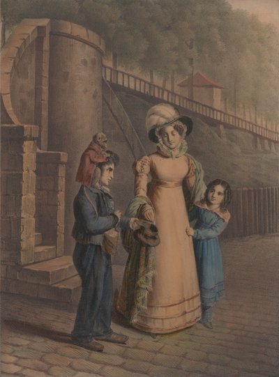 Chlapec s opicí na rameni dostává mince od matky a dcery, 1803-40. od Charles Louis Constans