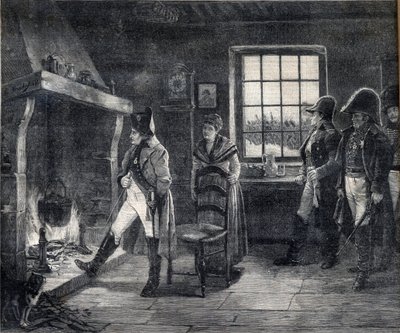Císař Napoleon I. topící se dřevem ve sněhové krajině - Napoleon po bitvě u Waterloo v roce 1814 - rytina podle obrazu Karla Ludvíka (Charles-Louis) Kratke (1848-1921) od Charles Louis Kratke