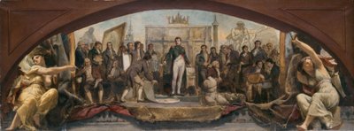 Skica pavilonu Denon v Louvru: Les quatre âges artistiques de la France - Présentation des plans à Napoléon, asi 1864 (olej na plátně) od Charles Louis Lucien Muller