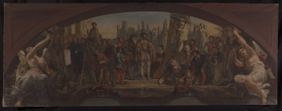 Skica pavilonu Denon v Louvru: Les quatre âges de la vie artistique en France - Prezentace plánů zámku ve Fontainebleau Františku I., kolem roku 1864 (olej na plátně) od Charles Louis Lucien Muller