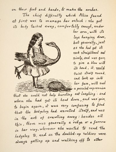 Alenka drží pštrosa, ilustrace z knihy Alenčina dobrodružství v podzemí, nakl. 1886 (faksimile) od Charles Lutwidge Dodgson