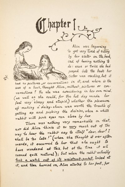 Alenka se svou sestrou, ilustrace z knihy Alenčina dobrodružství pod zemí, nakl. 1886 (faksimile) od Charles Lutwidge Dodgson