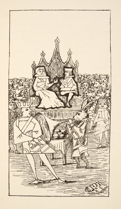 Trial of the Knave of Hearts, ilustrace z Alices Adventures Under Ground, hospoda. 1886 (faksimile) od Charles Lutwidge Dodgson