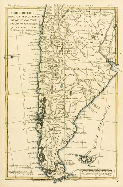 Chile, od jihu Peru k mysu Horn, z „Atlas de Toutes les parties Connues du Globe Terrestre“ od Guillauma Raynala (1713-96), publikováno v Ženevě, 1780 od Charles Marie Rigobert Bonne