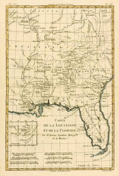 Louisiana a Florida, z ‚Atlasu všech známých částí zemského světa‘ od Guillauma Raynala (1713-96), vydáno JL Pellet, Ženeva, 1780 od Charles Marie Rigobert Bonne