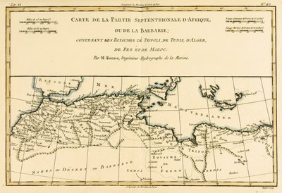 Severní Afrika, včetně království Tripolis, Tunis, Alžír; Fez a Maroko, z Atlasu všech známých částí zeměkoule od Guillauma Raynala (1713-96), publikováno v Ženevě, 1780 (barevně od Charles Marie Rigobert Bonne
