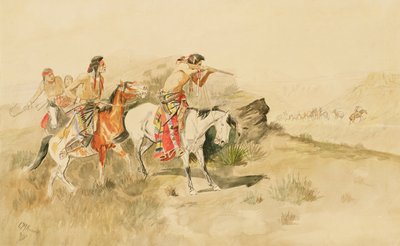 Attack on the Muleteers, cca 1895 (tužka a wc na papíře) od Charles Marion Russell
