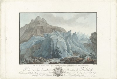 Gletsjer u Grindelwalda Lutschinen vynořující se z ledovce Lower Grindelwald. Kanton Bern, provincie Interlaken (název na předmětu) Pozoruhodné výhledy na švýcarské hory (název série) od Charles Melchior Descourtis