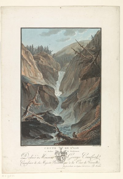Waterval z řeky Aare Pád Aare nad Gutdannenem (název na objektu) Pozoruhodné výhledy na švýcarské hory (název série) od Charles Melchior Descourtis