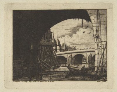 Oblouk, Pont Nôtre-Dame, Paříž, z cyklu „Leptané pohledy na Paříž“ od Charles Meryon