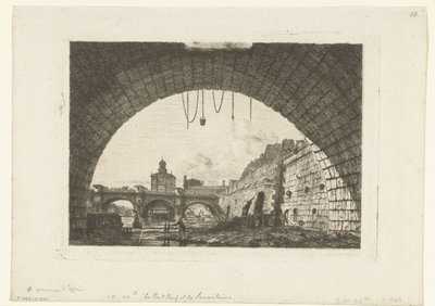 Gezicht op Pont-Neuf van onder boog Pont-au-Change v Paříži Pont Neuf a Samaritaine zpod prvního oblouku Pont au Change od Charles Meryon