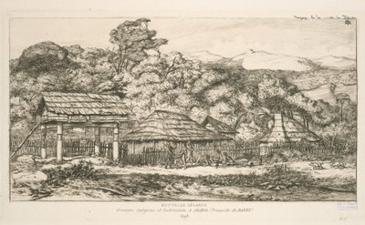 Původní sýpky a obydlí v Akaroa, poloostrov Banks, ilustrace z „Etchings of the Pacific“ od Charles Meryon