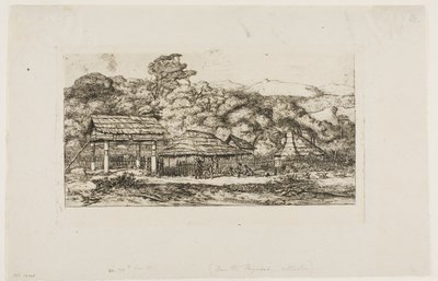 Domorodé stodoly a chatrče v Akaroa, Banksův poloostrov, 1845 od Charles Meryon