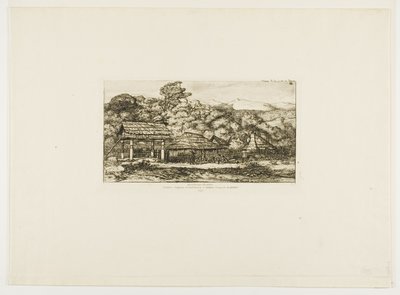 Domorodé stodoly a chatrče v Akaroa, Banksův poloostrov, 1845 od Charles Meryon
