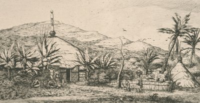 Nová Kaledonie, Nová Kaledonie: velká domorodá chata na chodníku do Poepo, ilustrace z „Etching of the Pacific...“, 1863 od Charles Meryon