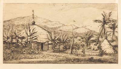 Nová Kaledonie: Velká domorodá chata na cestě z Ballade do Poebo, 1845 (Nová Kaledonie: Velká domorodá chata na cestě z Balade do Pueba, 1845) od Charles Meryon