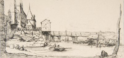 Lávka dočasně nahradila Pont-au-Change v Paříži po požáru v roce 1621, v roce 1860. od Charles Meryon