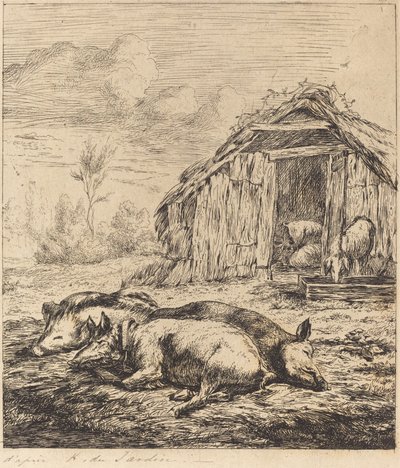 Tři prasata ležící před stájí (Tři prasata ležící před chlívem) od Charles Meryon after Karel Dujardin