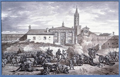 Italská tažení: „“ Napoleon Bonaparte (1769-1821) a marechal Augereau postavili v roce 1796 dělem dveře Verony v Itálii“““ Kresba perem připisovaná Charlesi Meynierovi (1768-1832). Ztlumit. 0,25x0,4m. Paříž, muzeum Louvre od Charles Meynier