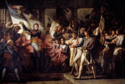 Marechal Michel Ney (1769-1815) předal vojákům 76. liniového pluku, jejich vlajky byly nalezeny v epizodě 7/11/1805 po bitvě u Elchingenu mezi napoleonskou armádou a Rakouskem. Obraz Charlese Meyniera (1768-1832) 1808 Ne. 3 od Charles Meynier