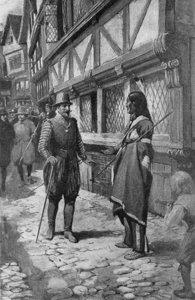 Kapitán John Smith se při procházce po The Strand v Londýně (litho) setkává s přítelem z Rudých Indiánů z Virginie. od Charles Mills (after) Sheldon