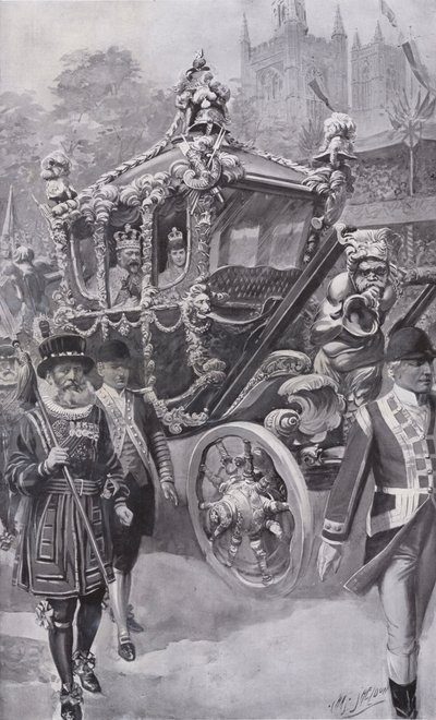 Král Edward VII a královna Alexandra v State Coach vracející se z korunovace ve Westminsterském opatství v Londýně od Charles Mills (after) Sheldon