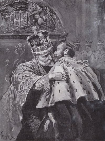 Král Edward VII objímá svého syna, prince z Walesu, na královské korunovaci, Westminster Abbey, Londýn od Charles Mills (after) Sheldon