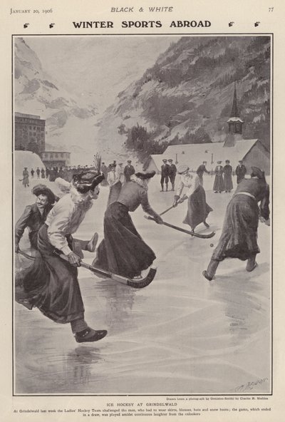 Hraní ledního hokeje v Grindelwald, Švýcarsko (litho) od Charles Mills (after) Sheldon