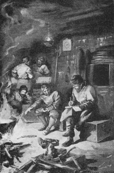 William Barents píše svůj deník, zatímco tráví zimu v chatě na Nové Zembla (litho) od Charles Mills (after) Sheldon