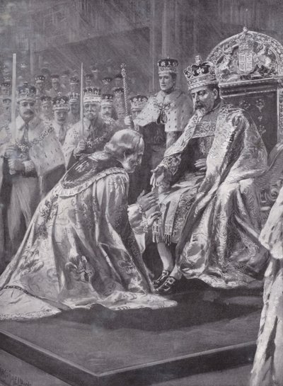 Pocta arcibiskupa z Canterbury při korunovaci krále Edwarda VII., Westminster Abbey, Londýn, 1902 od Charles Mills after Sheldon
