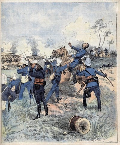 Velitel Faurax zemřel v bitvě u Dogby dne 19. září 1892 v Dahomey (nyní Benin) po aquerelle de Morel v roce 1892. od Charles Morel