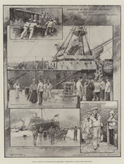 Námořní činnost v Portsmouthské loděnici, odjezd létající eskadry (litografie) od Charles Murray (after) Padday